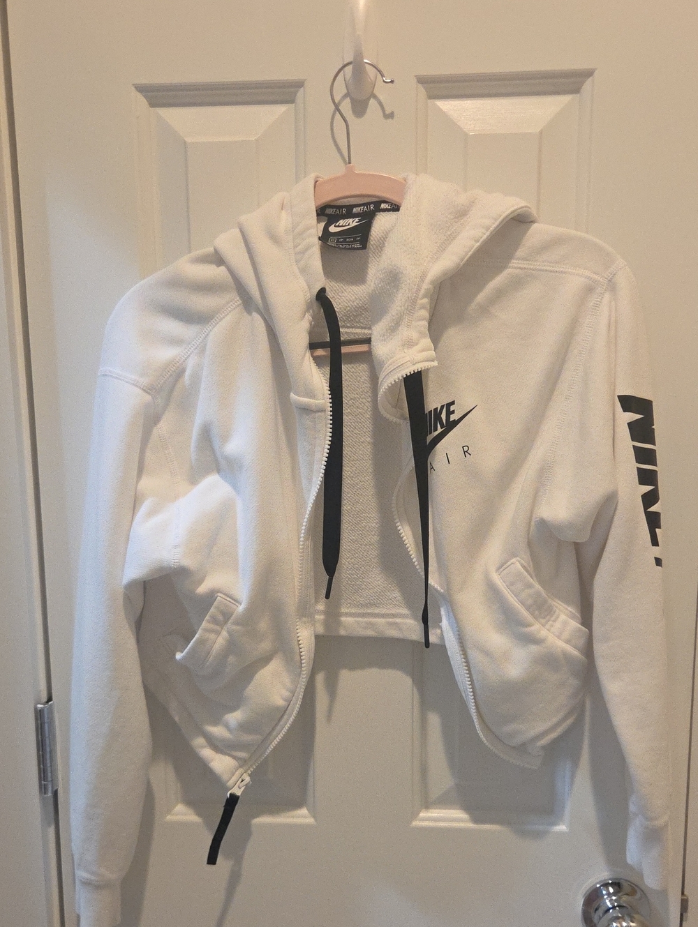 Nike White Cropped Zip Hoodie with Black Logo
